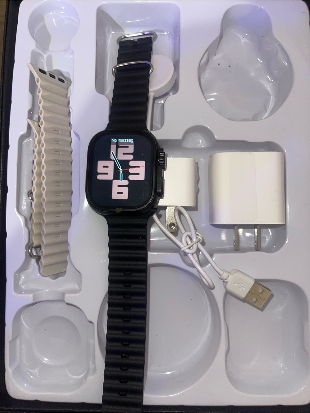 Unbranded Black Smartwatch with Extra Beige Strap and Charger